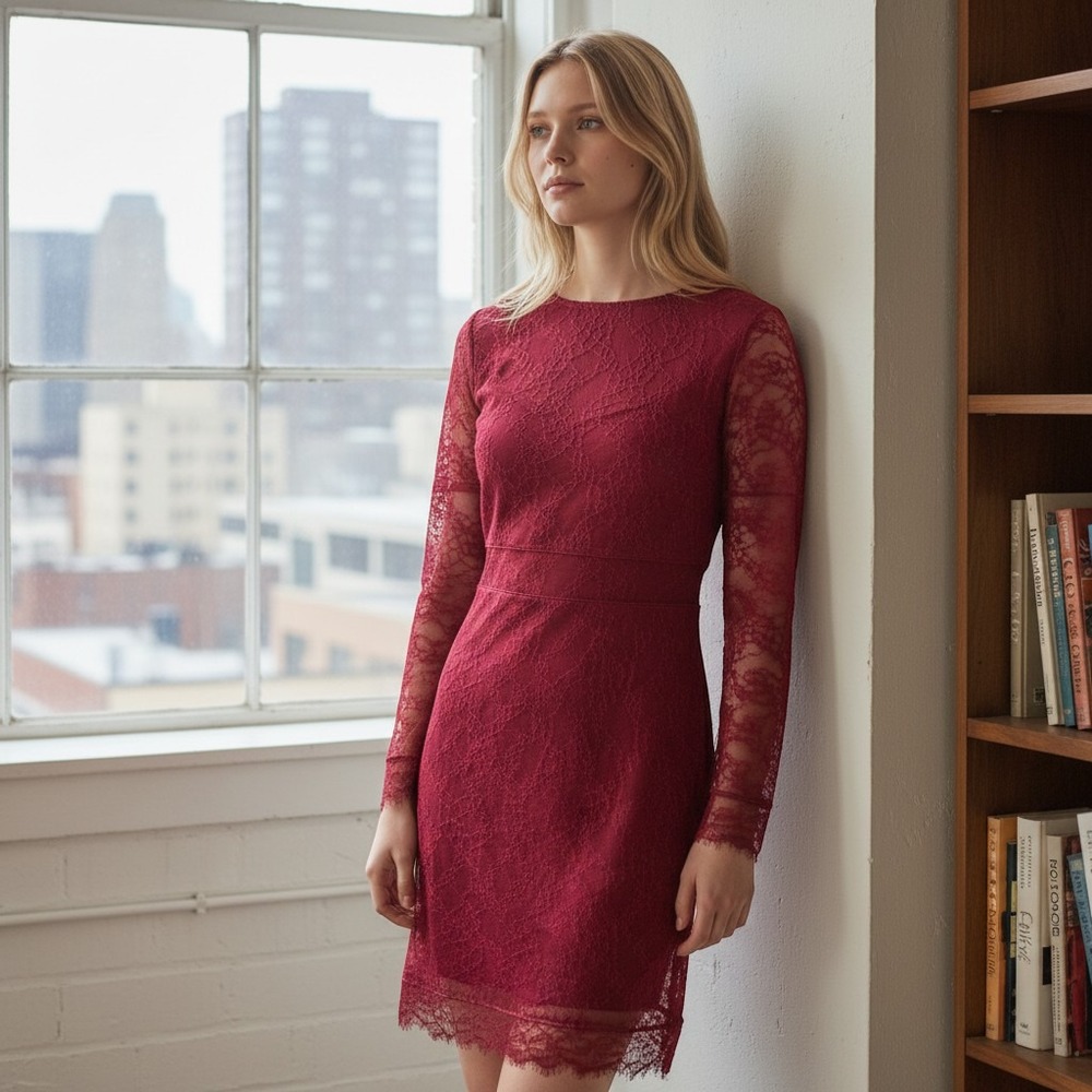 Topshop Burgundy Floral Lace Long Sleeve Mini Dress Wine Red Size US 6